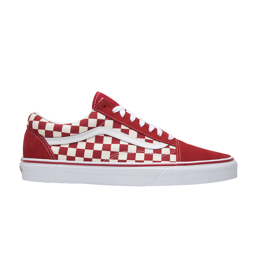 vans old skool checkerboard red on feet