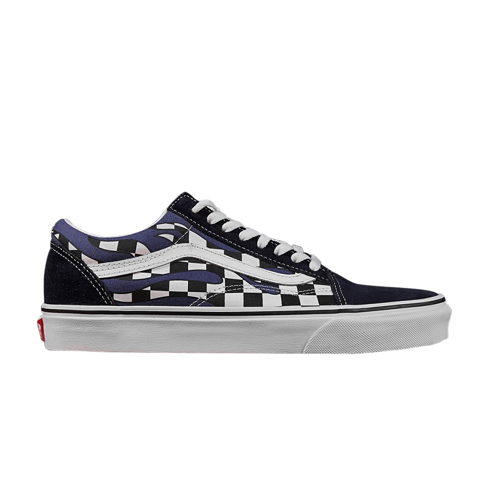 blue checkerboard vans with flames