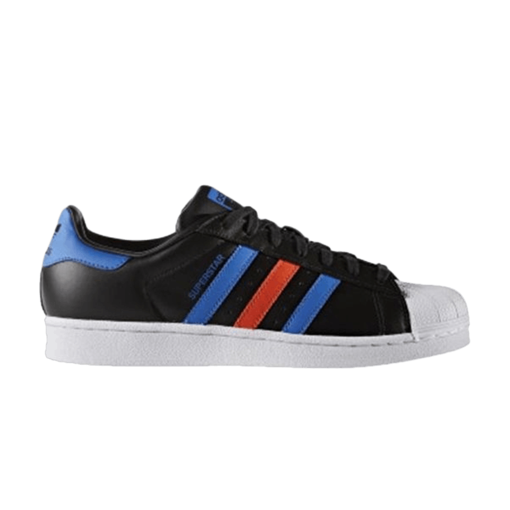 Adidas superstar black with blue stripes best sale