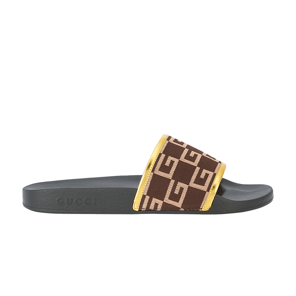 brown and gold gucci slides