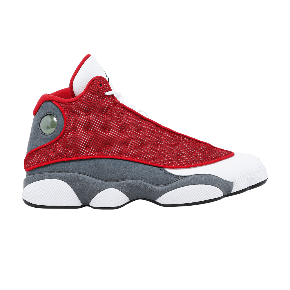 grey white and red jordan 13