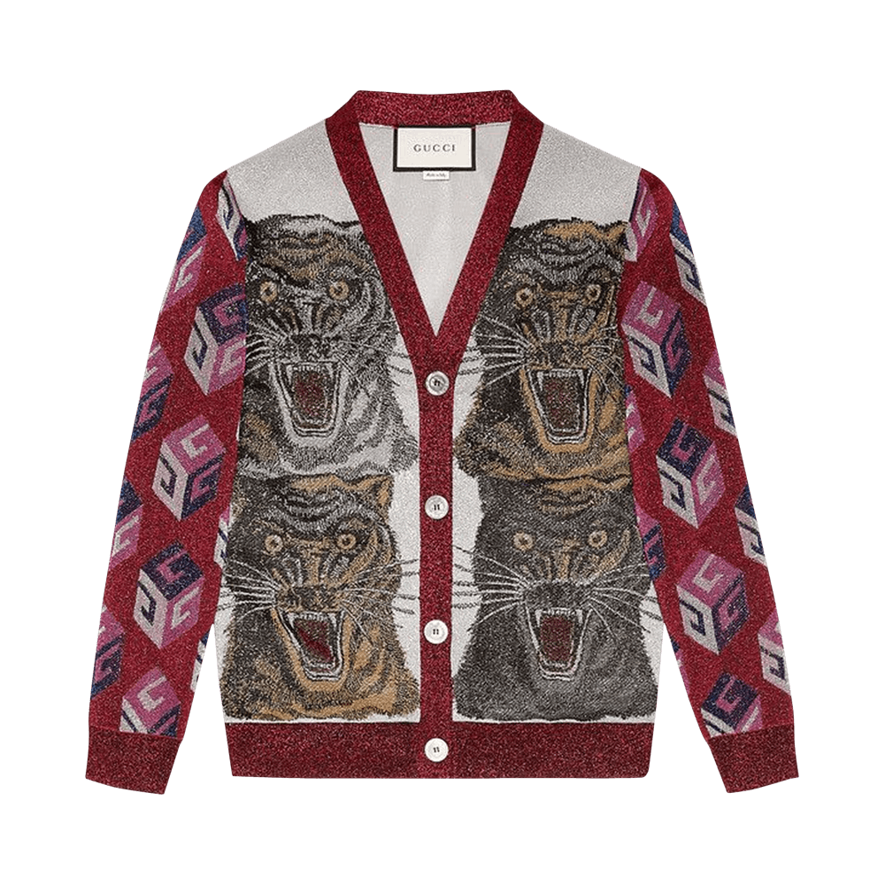 Buy Gucci Lurex Tiger Intarsia Cardigan 'Metallic Silver