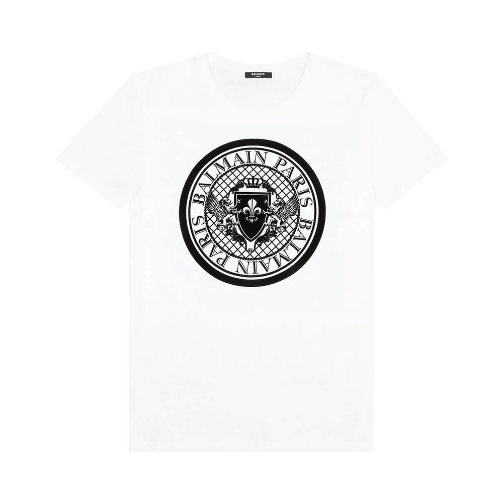BALMAIN フロックコインクルネックTシャツ AH1EG000BB17 GAB Buy Balmain Coin Flock T-Shirt 'Blanc/Noir' - XH1EG000BB17