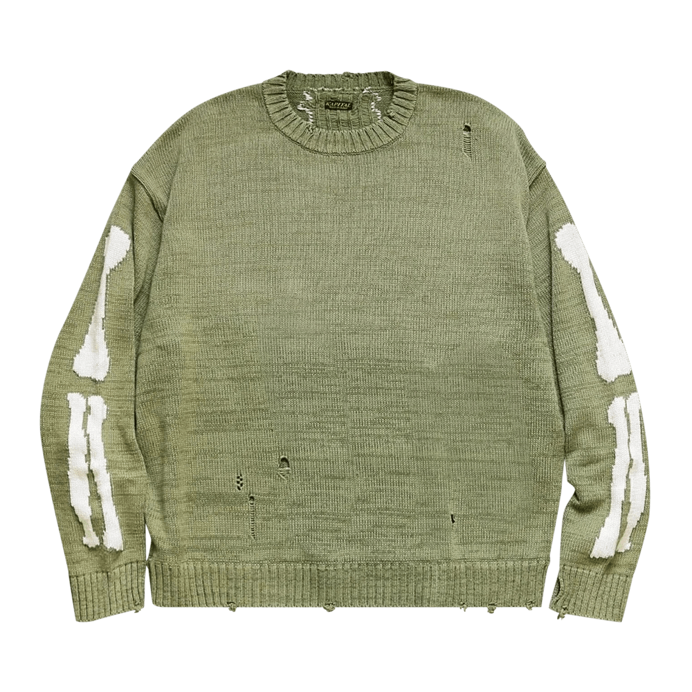 Kapital 5G Cotton Knit BONE Crew Sweater, Khaki