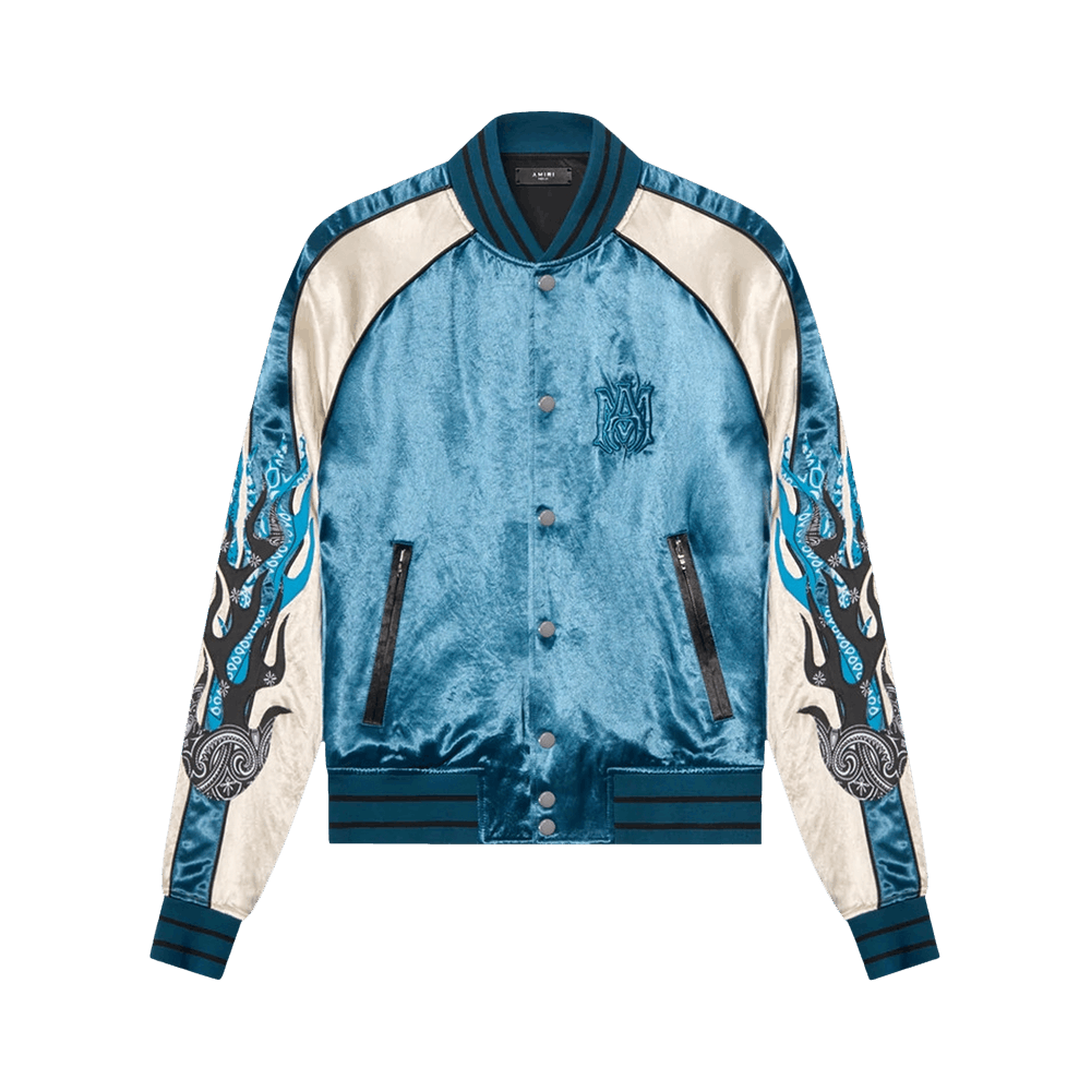 Buy Amiri Satin Flames Souvenir Jacket 'Blue' - PS22MOS020 420 BLUE | GOAT