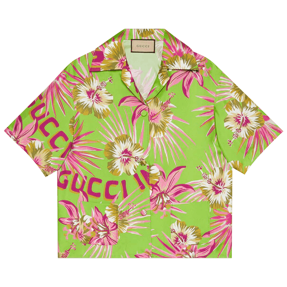 Gucci Bowling Shirt With Watercolor Flowers In Blue