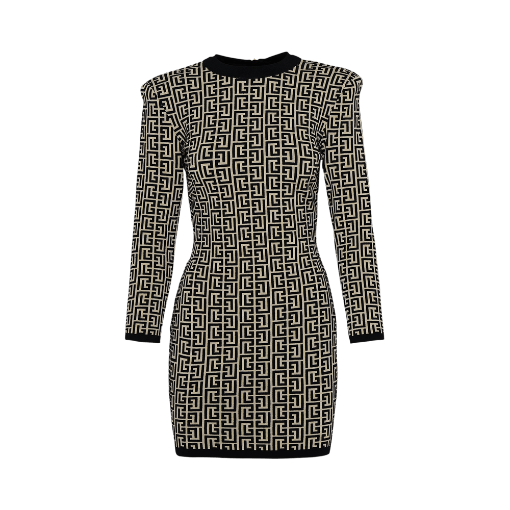 Balmain Long-Sleeve Monogram Shorts Dress multicolor