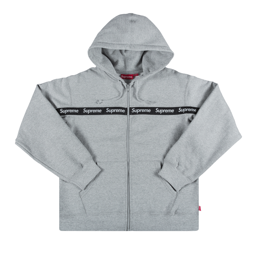 Buy Supreme Text Stripe Zip Up Hooded Sweatshirt 'Grey