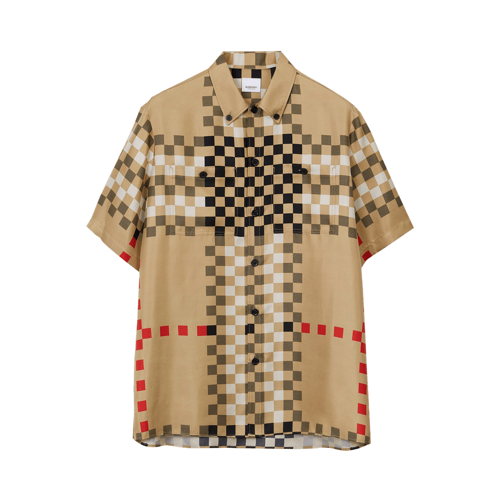 Buy Burberry Short Sleeve Pixel Check Silk Shirt Archive Beige