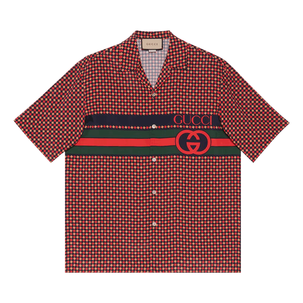 Buy Gucci Geometric Houndstooth Print Bowling Shirt 'Blue Buy Gucci Geometric Houndstooth Print Bowling Shirt 'Blue