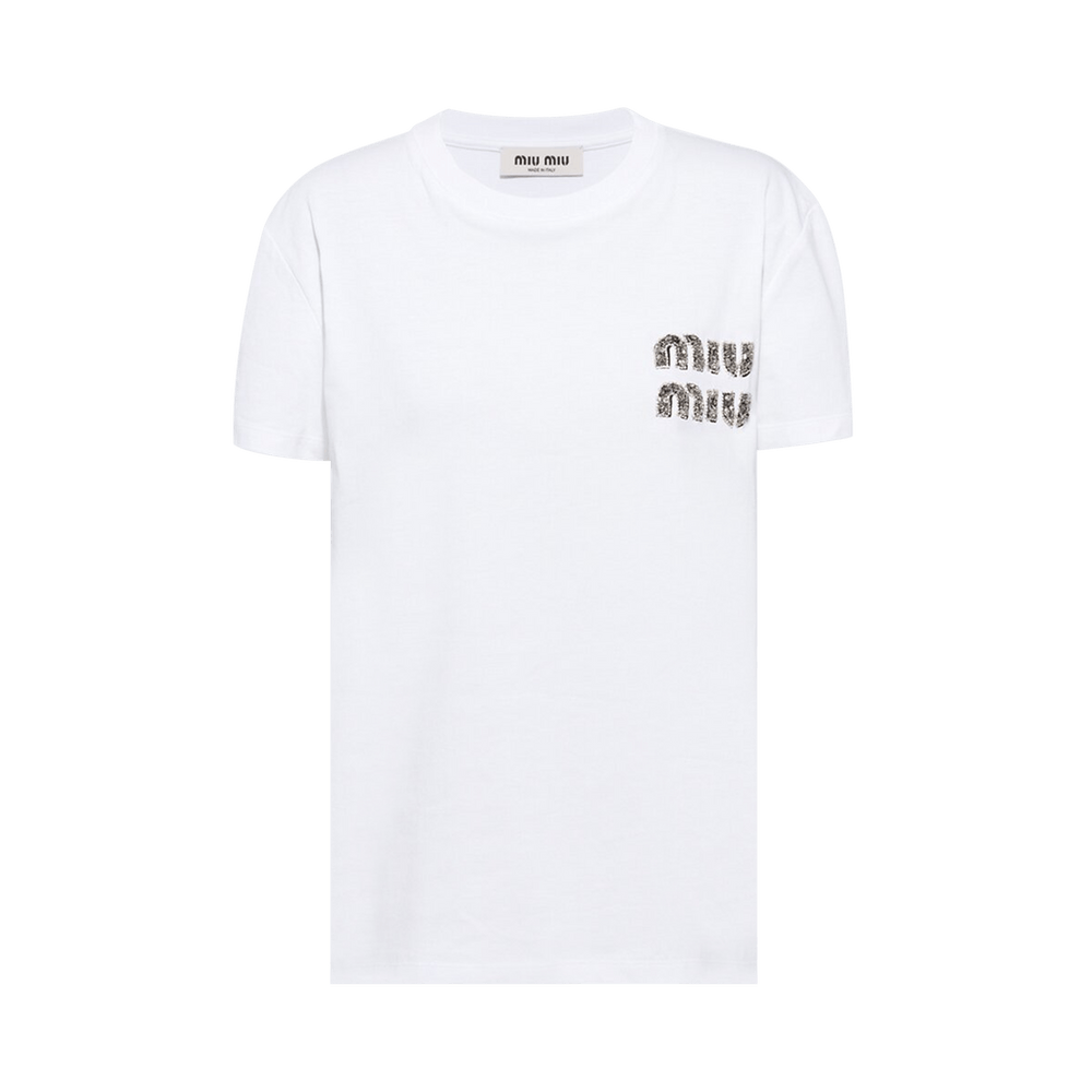 miu miu ストーン装飾 ホワイトTシャツ Miu Miu Embellished Logo T-shirt in White | Lyst