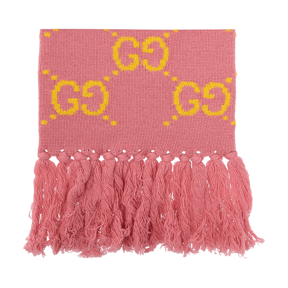Gucci GG Logo Monogram Wool Jacquard Light Pink 'Sten' Scarf With  Fringe