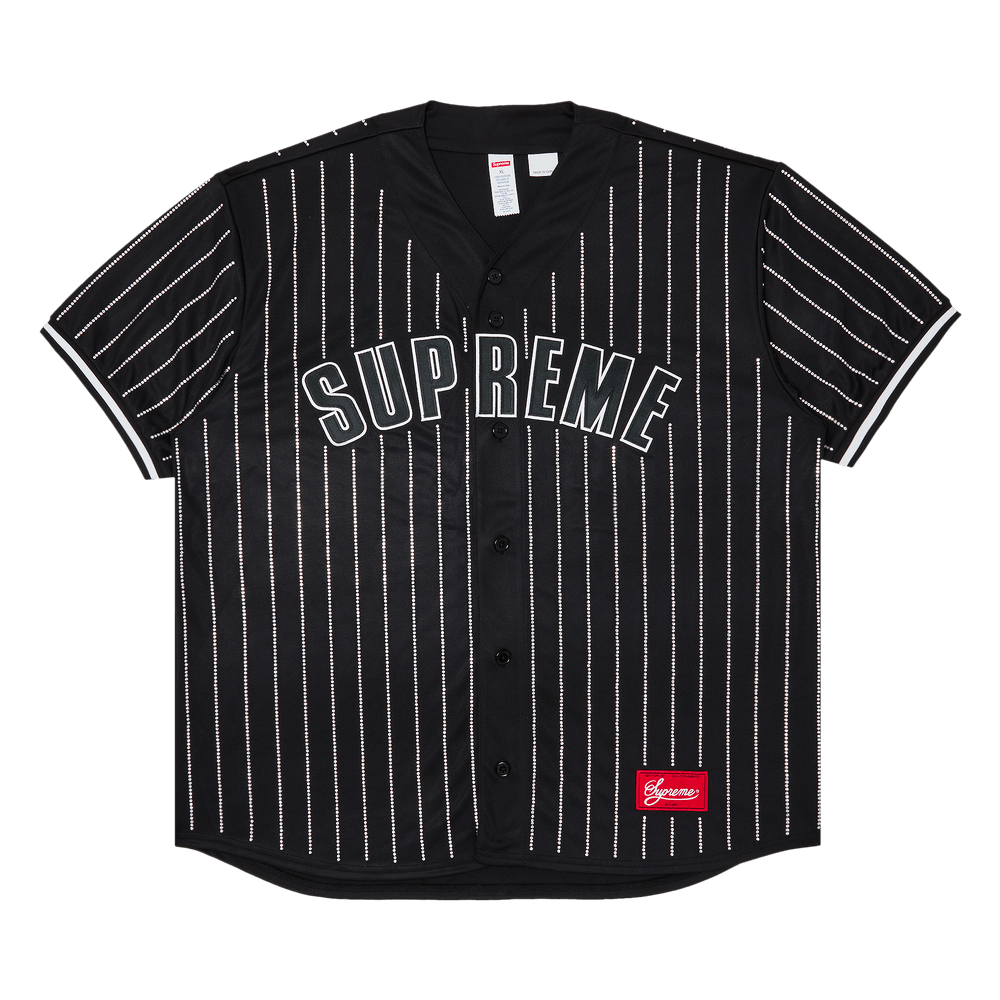 Buy Supreme Rhinestone Stripe Baseball Jersey 'Black Buy Supreme Rhinestone Stripe Baseball Jersey 'Black