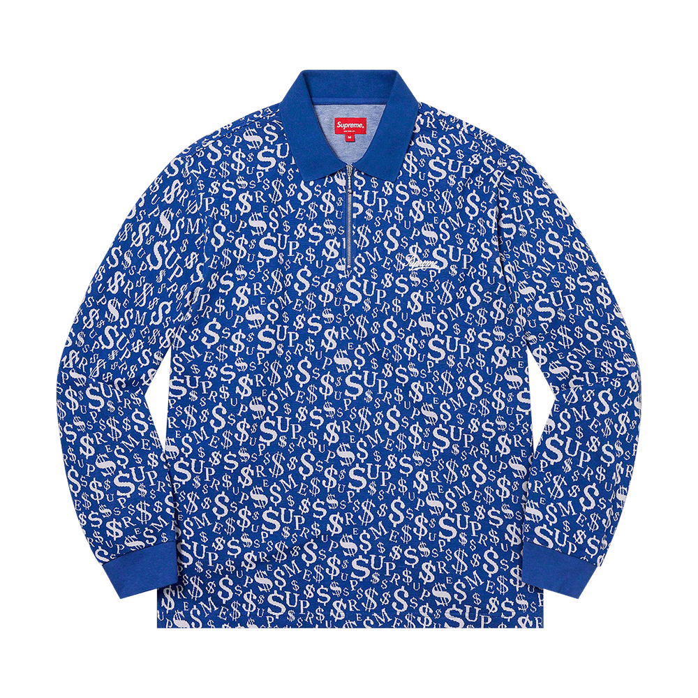 Buy Supreme Currency Jacquard Zip Long-Sleeve Polo 'Blue