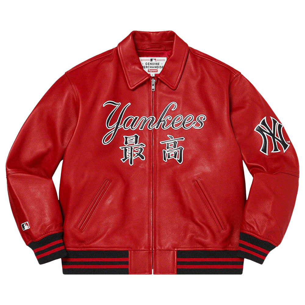 Buy Supreme x New York Yankees Kanji Leather Varsity Jacket 'Red