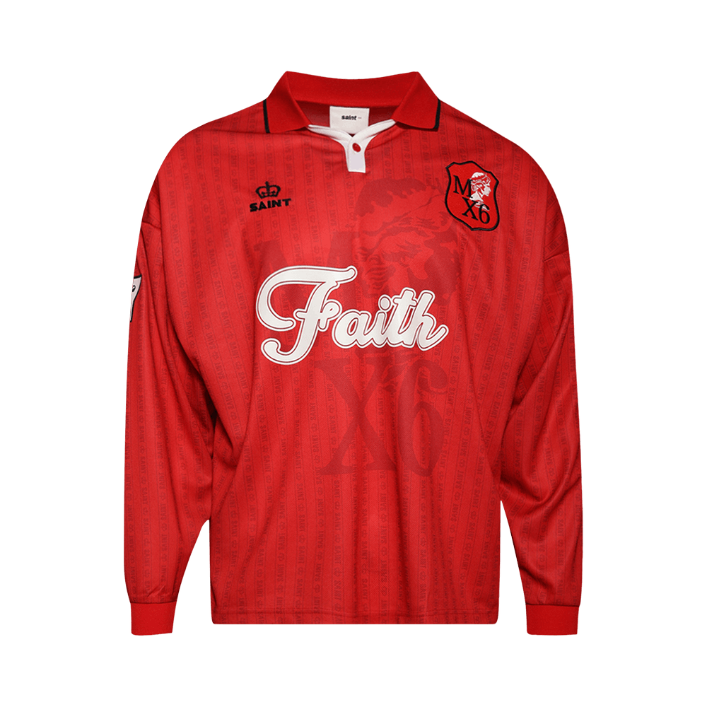 Buy SAINT Mxxxxxx Faith Soccer Shirt 'Red' - SM YS1 0000 022 | GOAT