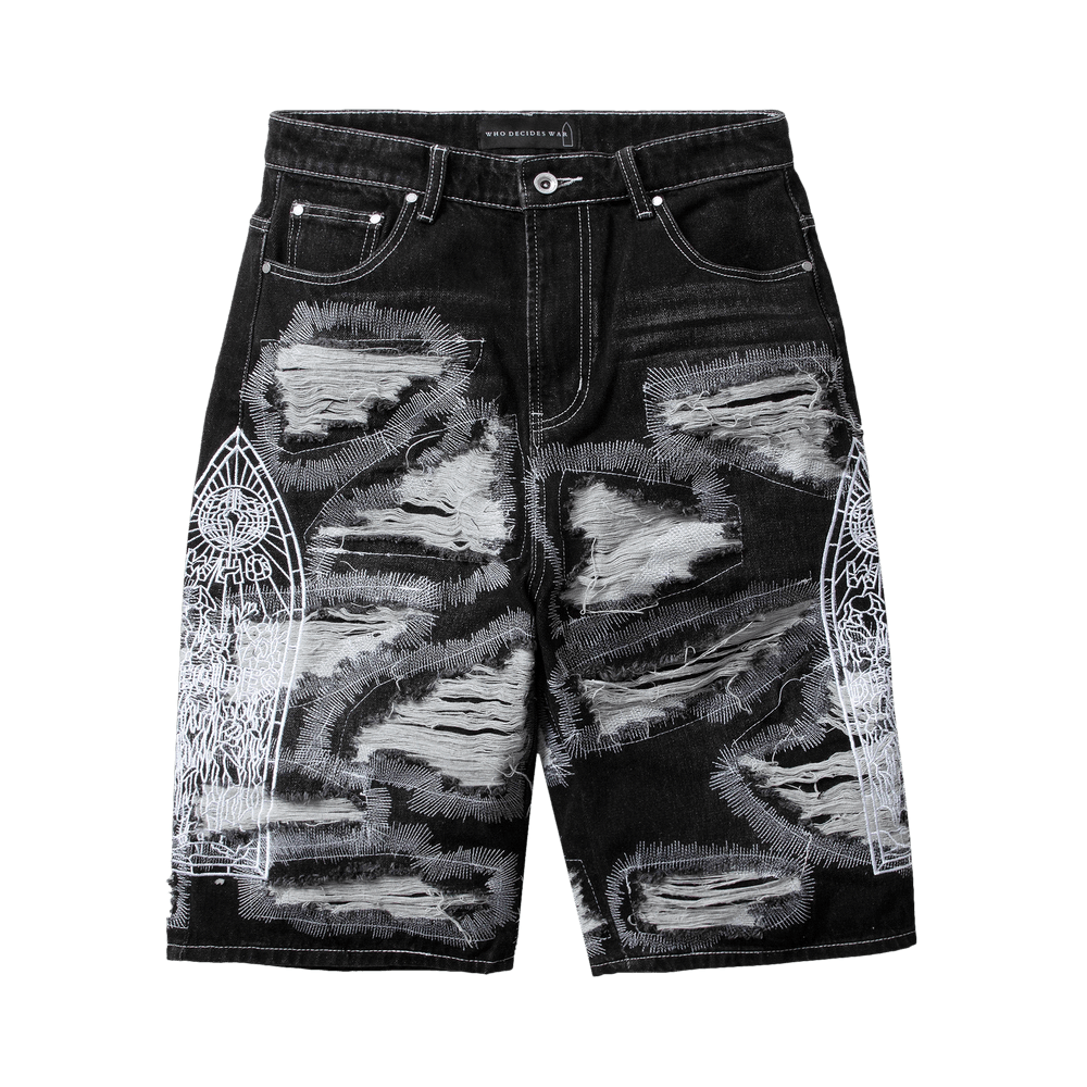 WHO DECIDES WAR デニムショートパンツ Buy Who Decides War Darning Side Embroidery Shorts 'Coal