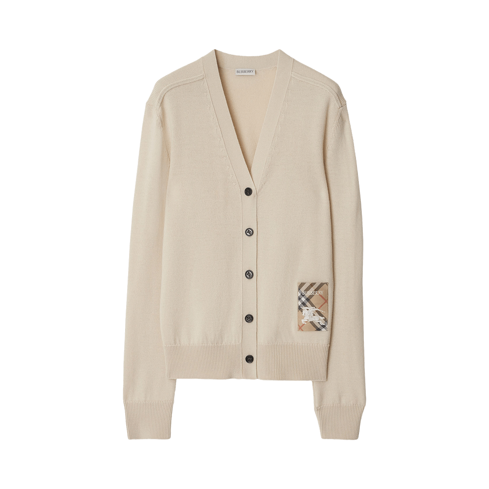Buy Burberry Check Label Wool Cardigan 'Nutmeg' - 8102690 | GOAT