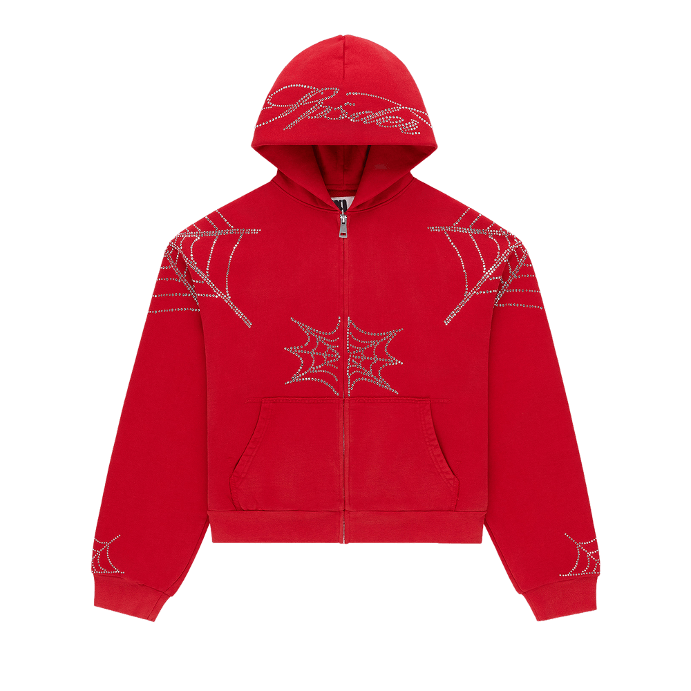 Buy Sp5der Rhinestone Web Zip Hoodie 'Red' - ST015SS26RED | GOAT