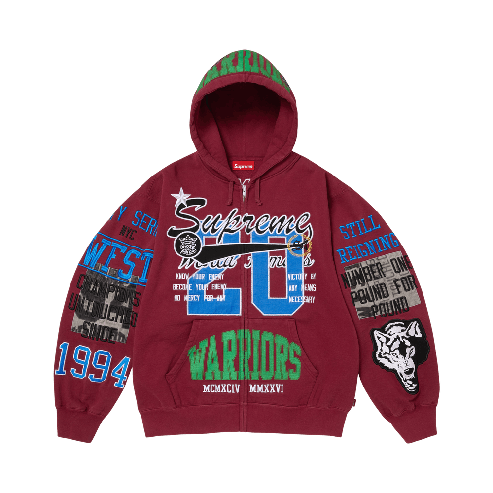 Buy Supreme Warriors Appliqué Zip Up Hooded Sweatshirt 'Cardinal