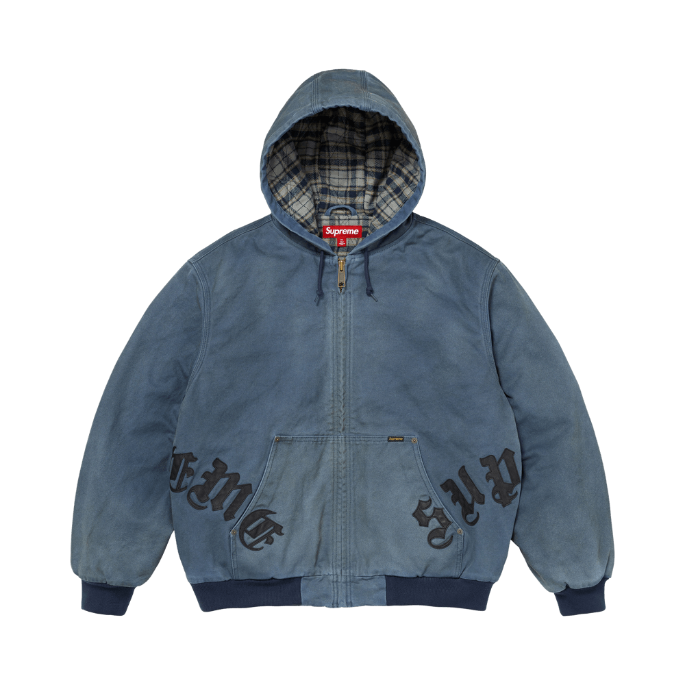Buy Supreme Leather Appliqué Hooded Work Jacket 'Navy' - FW26J101