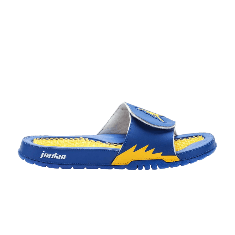 blue and yellow jordan slides