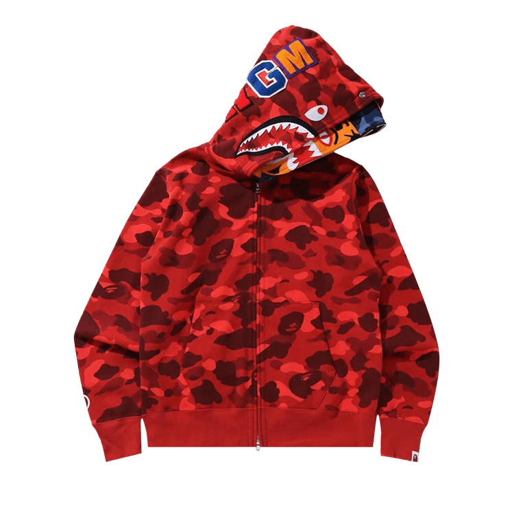 Buy BAPE Color Camo Tiger Shark Wide Full Zip Double Hoodie Red