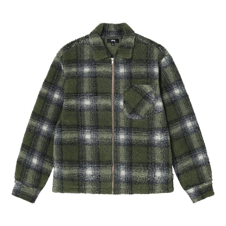 Size xl Stussy Shadow Plaid Sherpa Zip Shirt 'Olive'