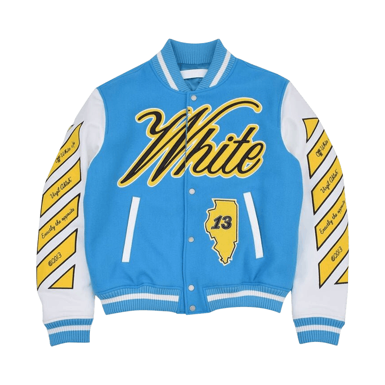 Women's Off-White Virgil Abloh Varsity Jacket with Yellow Striped Sleeves
