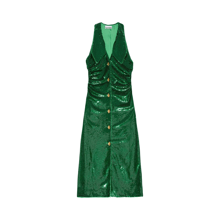 Buy GANNI Sequin Ruched Midi Dress 'Kelly Green' - F7166 KELL | GOAT