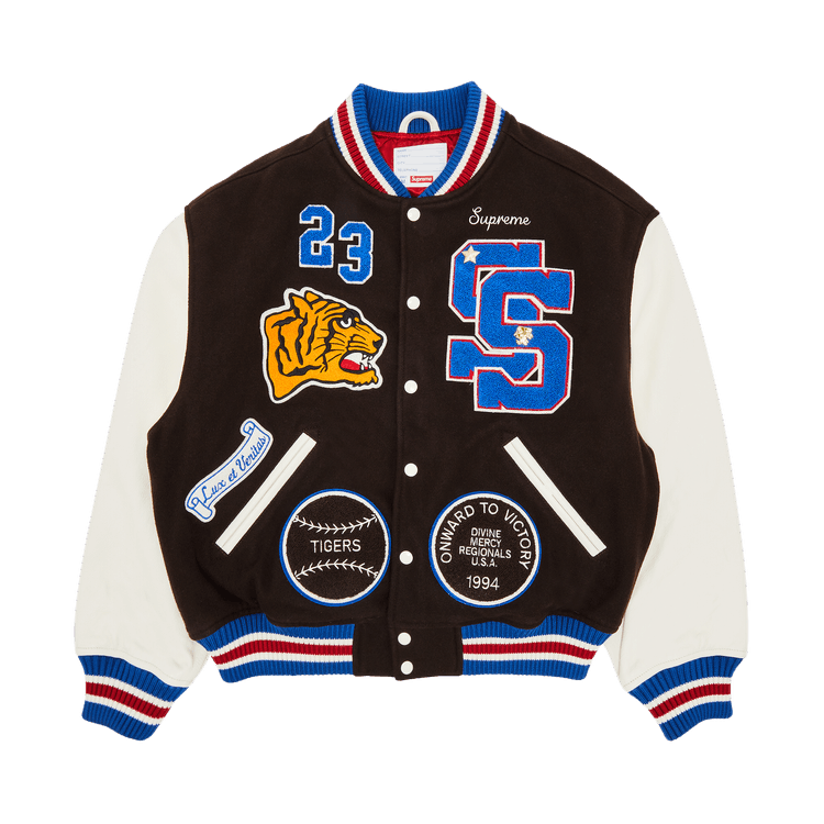 White and Yellow Supreme Tiger Varsity Jacket - Jacket Makers