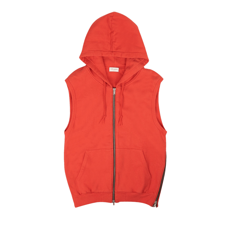 Red sleeveless best sale zip up hoodie