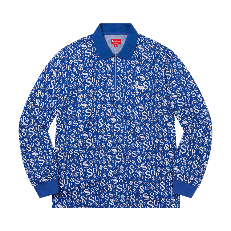 Buy Supreme Currency Jacquard Zip Long-Sleeve Polo 'Blue