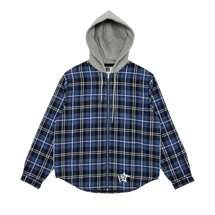 Buy Sp5der Hooded Zip Flannel Shirt Jacket 'Blue Plaid