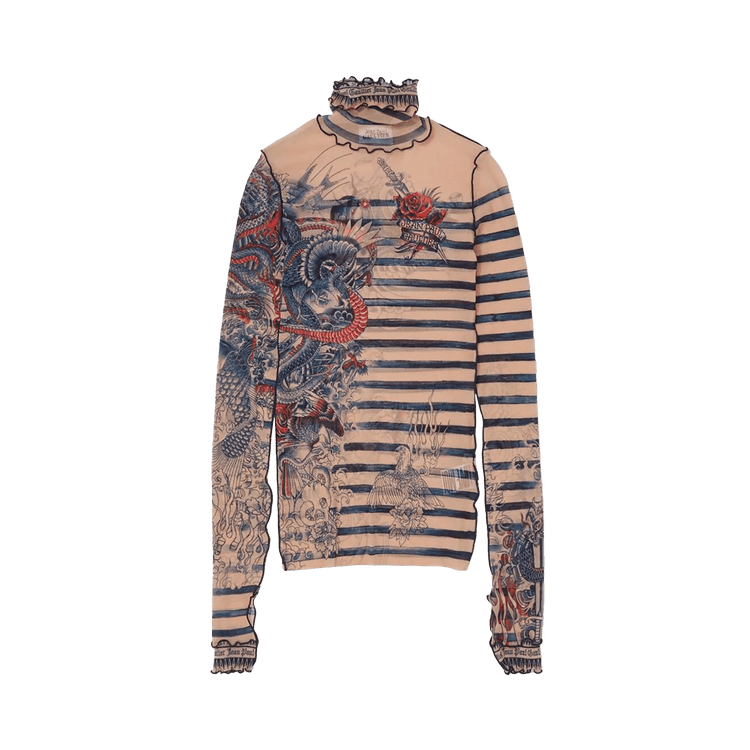 Size l Jean Paul Gaultier Tattoo High Neck Long-Sleeve Top 'Nude/Blue/Red'