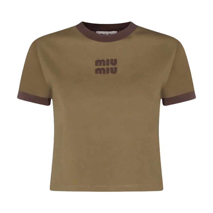 トップス miumiu 1990s archive docking-tech shirts Buy Miu Miu Cropped Jersey T-Shirt 'Militare Green/Cacao' - MJNA15