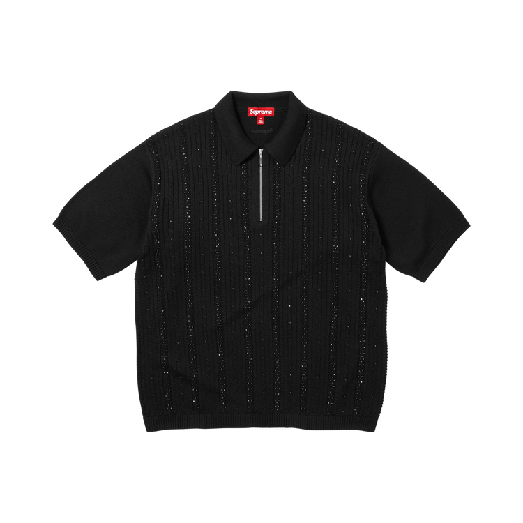 Buy Supreme Beaded Zip Short-Sleeve Polo Sweater 'Black