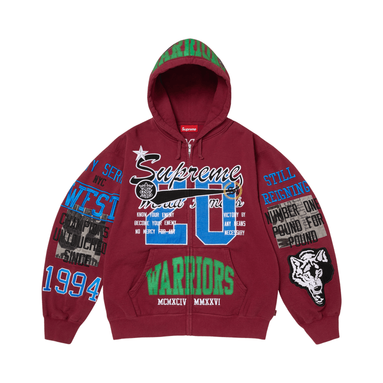 Buy Supreme Warriors Appliqué Zip Up Hooded Sweatshirt 'Cardinal