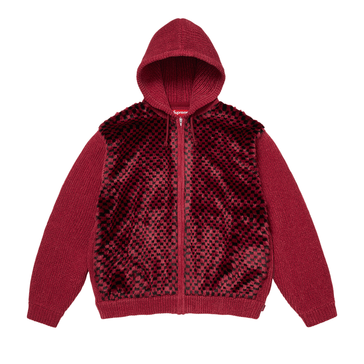 Buy Supreme Checkerboard Faux Fur Zip Up Hooded Sweater 'Red