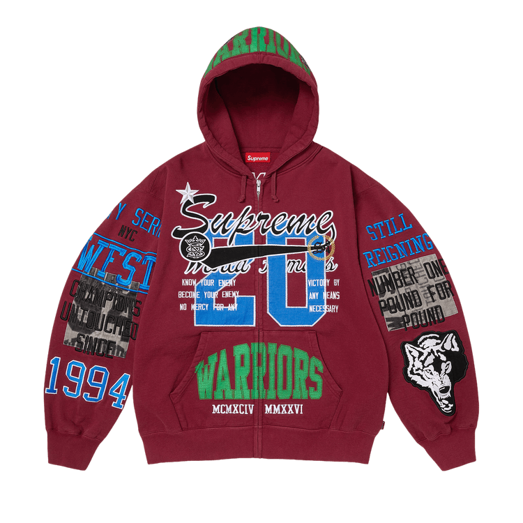 Buy Supreme Warriors Appliqué Zip Up Hooded Sweatshirt 'Cardinal