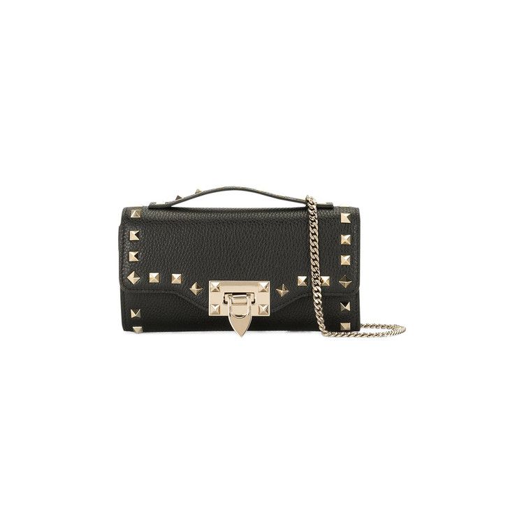 [Valentino] Locked chain strap wallet- Black ☆送料込☆ Valentino Garavani VLTN Logo Zip Around Long Wallet Calfskin