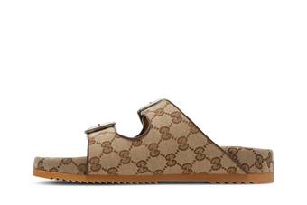 Men's slide sandal with straps in beige and ebony GG canvas