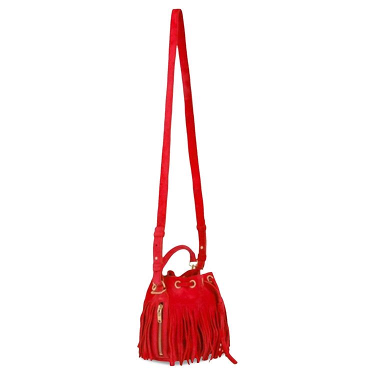 Saint Laurent Emmanuelle Suede Fringe Bucket Bag Red