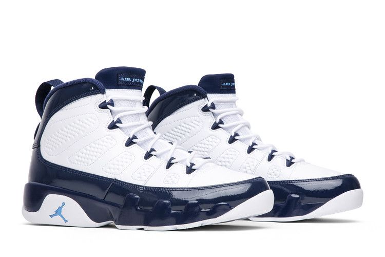 Jordan 9 navy blue best sale and white