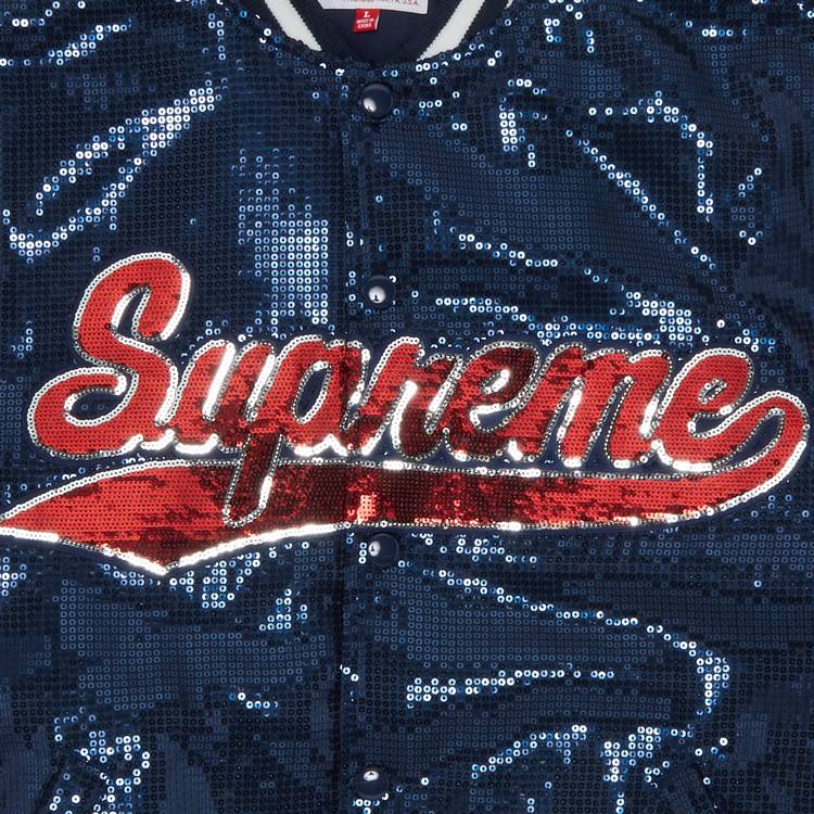 Buy Supreme x Mitchell & Ness Sequin Varsity Jacket 'Navy