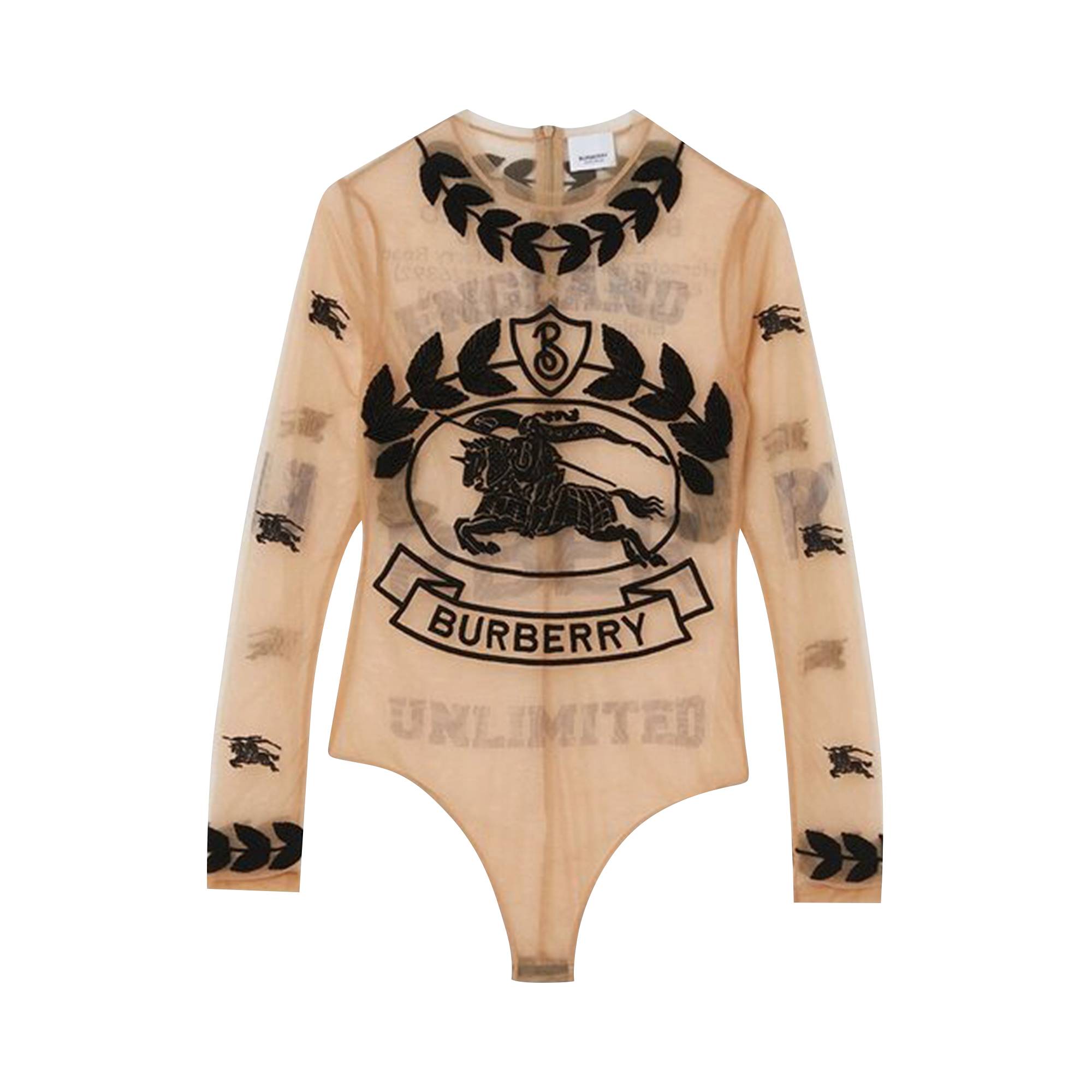 Pre-owned Burberry Embroidered Graphic Logo Mesh Bodysuit 'camel' In Tan