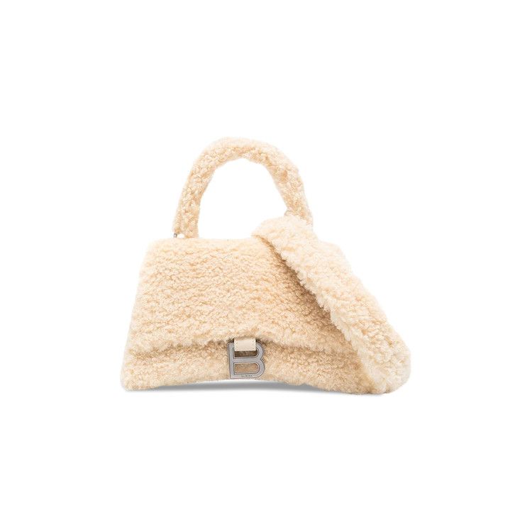 Balenciaga Small Hourglass Furry Top Handle Bag Beige