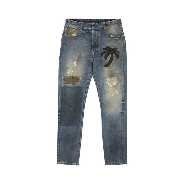 Palm Angels Curved Palm Patch Detail Straight Leg Jeans 'blue'