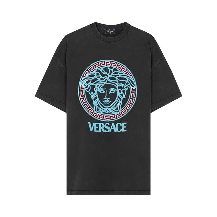 VERSACE★素敵！Black LOGO IN BLOOM T-Shirt Medusa Logo T-Shirt Black | VERSACE US