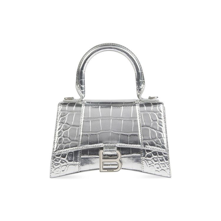 Balenciaga Crocodile Embossed XS Hourglass Handbag In Silver